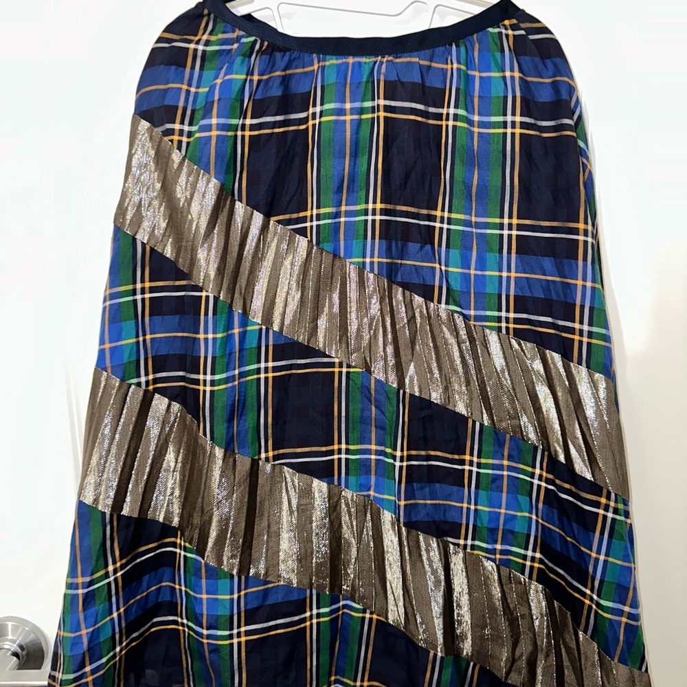 Tanya Taylor Blue Plaid Skirt with Metallic Stripes
